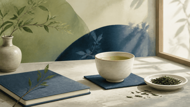茶器と茶葉を置いた編集イラスト