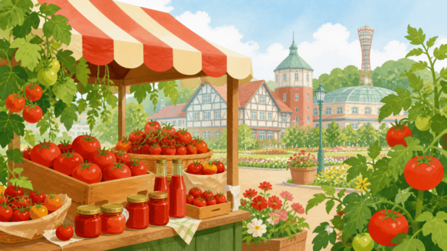トマトと農産物マルシェを表現した編集イラスト（実際のイベント・出店・商品・施設状況を示すものではありません）