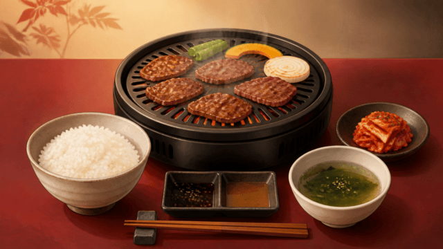 焼肉セットとごはん・キムチ・スープを描いた終了済みキャンペーン記録用の編集イラスト