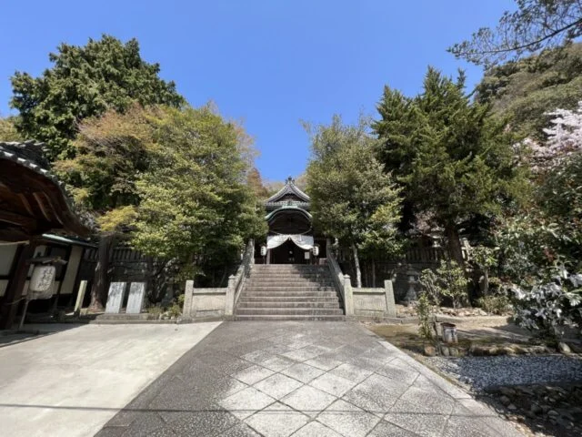 境内側から見た大避神社の社殿と石段