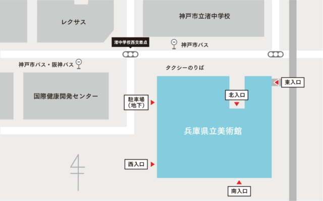兵庫県立美術館の建物と北・西・南入口、地下駐車場入口の位置を示す公式案内図
