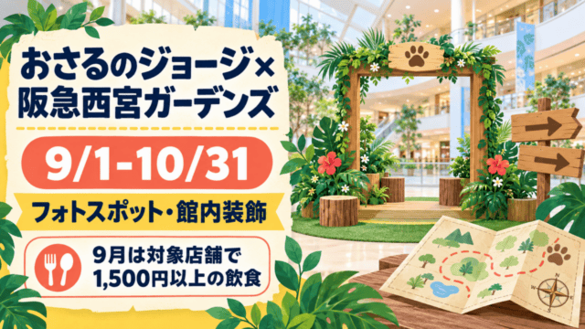 AI生成イメージ（公式画像ではありません）：おさるのジョージ×阪急西宮ガーデンズ。フォトスポット・館内装飾と9月の飲食ノベルティ
