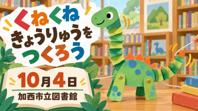 加西市立図書館のくねくねきょうりゅう工作、10月4日の開催を示す独自イラスト。完成品の写真ではない。