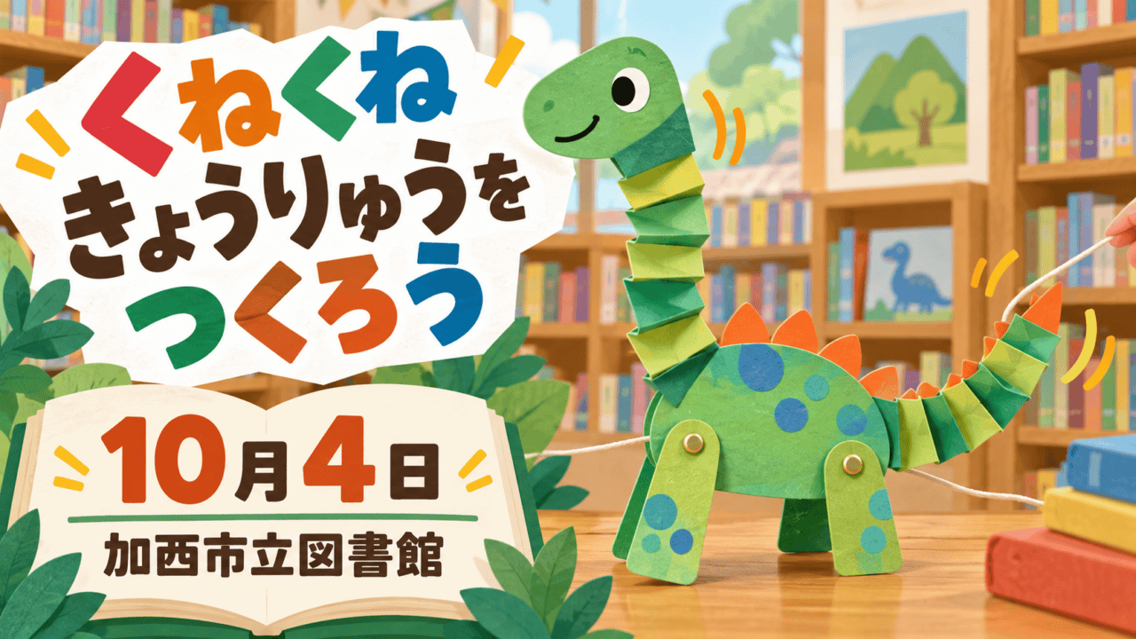 加西市立図書館のくねくねきょうりゅう工作、10月4日の開催を示す独自イラスト。完成品の写真ではない。