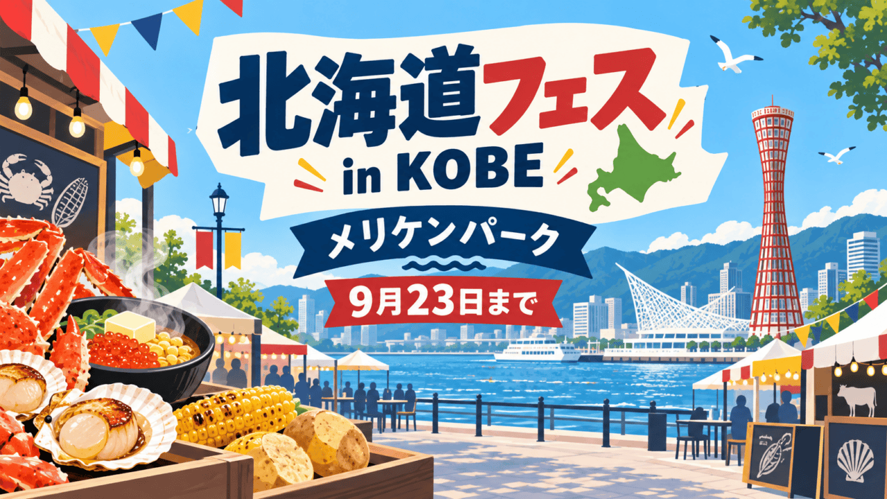 北海道フェス in KOBE。メリケンパークの会場と9月23日までを表示したイラスト