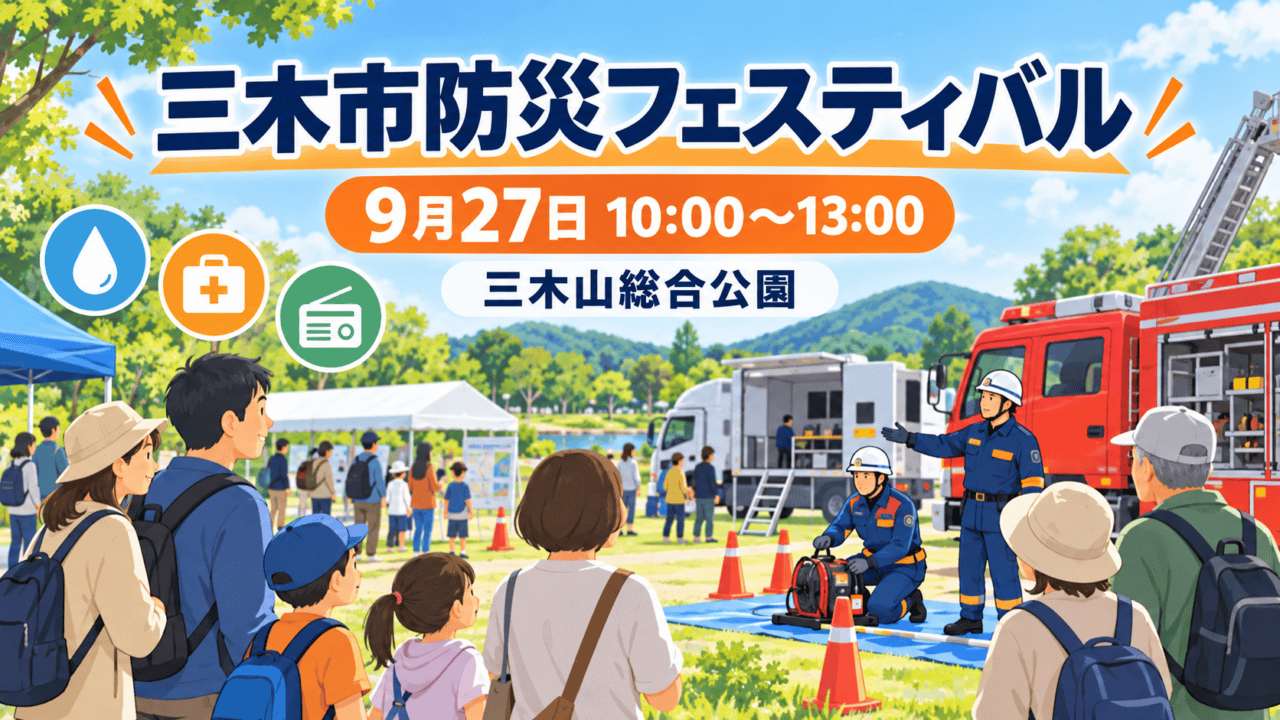 三木市防災フェスティバルの名称、9月27日の時間、三木山総合公園の場所を示した防災テーマのイラスト。実際の記録写真ではありません。