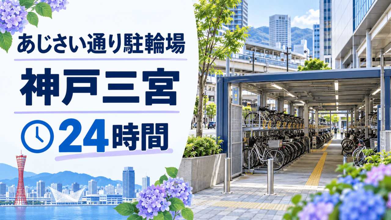 あじさい通り24時間自転車専用駐車場と神戸三宮の場所・利用時間を示す案内イメージ