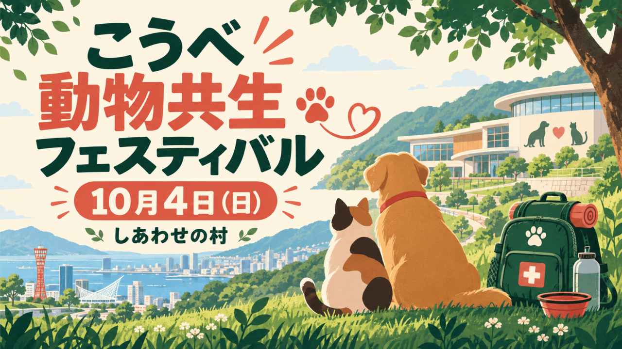 こうべ動物共生フェスティバル、10月4日、しあわせの村と書かれ、犬猫と防災バッグを描いたイメージイラスト