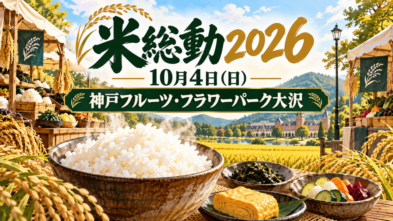 米総動2026、10月4日、神戸フルーツ・フラワーパーク大沢と書かれ、新米ごはんとおかずを描いたイメージイラスト