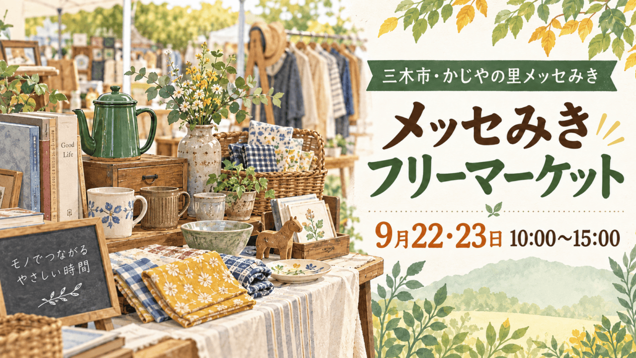 三木市・かじやの里メッセみきのフリーマーケットをイメージしたイラスト。9月22日・23日、10時〜15時。