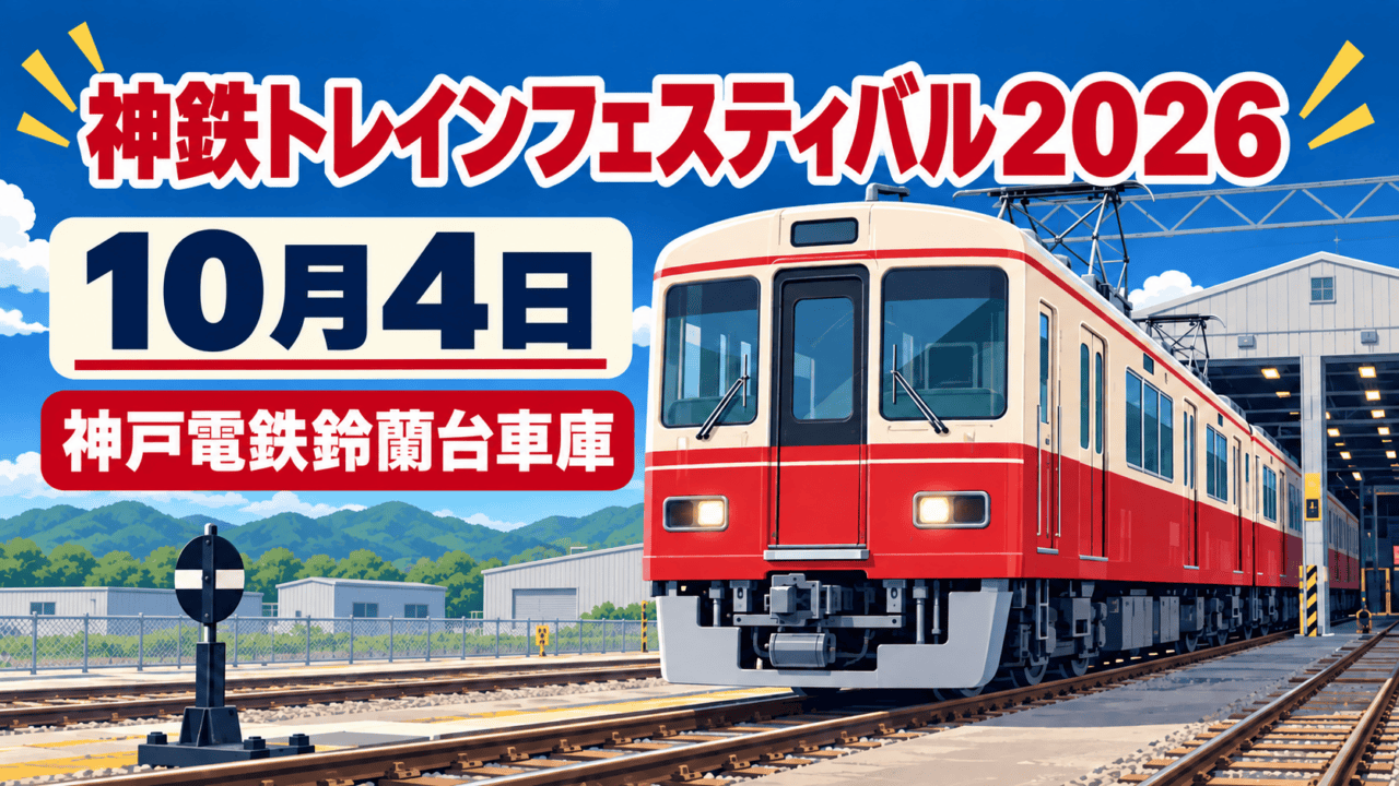 神鉄トレインフェスティバル２０２６のイラスト。電車、10月4日、鈴蘭台車庫を表示。