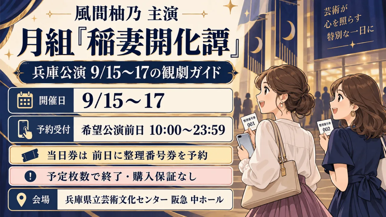 風間柚乃主演、月組『稲妻開化譚』兵庫公演9月15〜17日の観劇ガイド。前日10時〜23時59分に整理番号券予約、予定枚数で終了・購入保証なし。