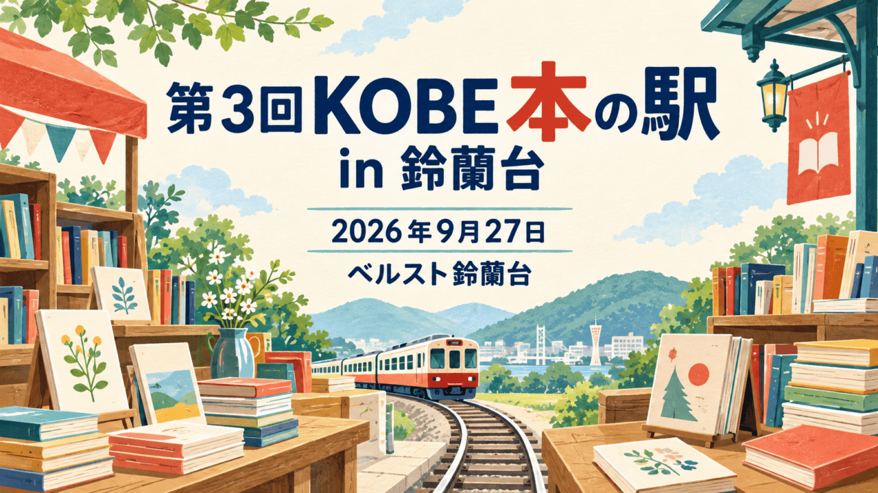 第3回KOBE本の駅 in 鈴蘭台、2026年9月27日、ベルスト鈴蘭台を本と列車のイラストで表した生成イメージ