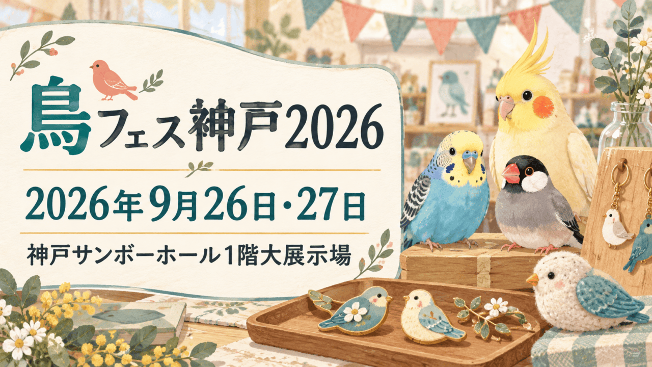 鳥フェス神戸2026。2026年9月26日・27日、神戸サンボーホール1階大展示場。鳥とクラフト作品を描いた生成イラスト。