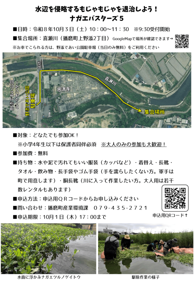 播磨町のナガエバスターズ5チラシ裏面。喜瀬川の集合場所と野添であい公園駐車場への経路、参加条件を示す地図