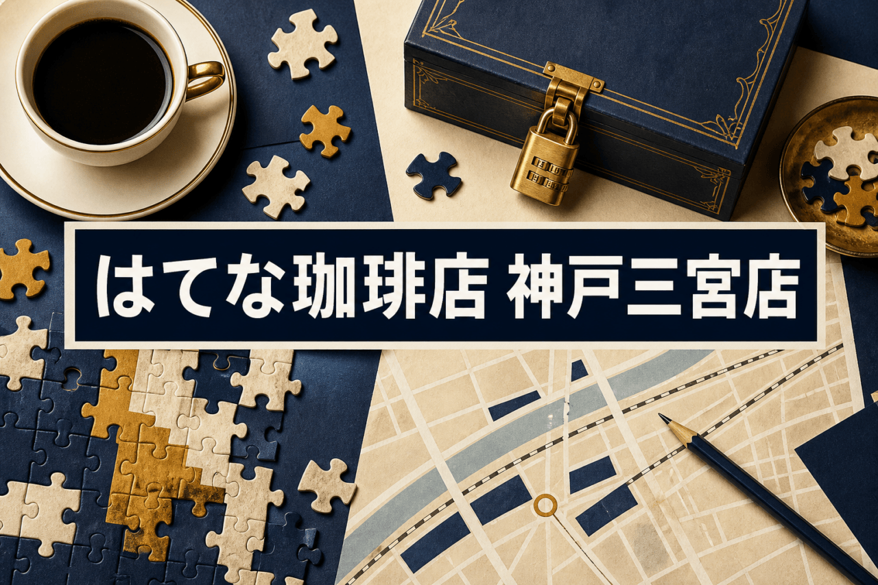 コーヒーと鍵付きパズル箱を配した、はてな珈琲店 神戸三宮店のイメージ