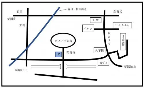 朝来市公式のヒメハナ公園周辺案内図。公園、JR梁瀬駅、周辺道路の位置関係を示す。