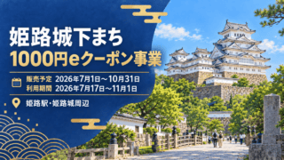 姫路城と城下の道を描いた記事用イメージ。姫路城下まち1000円eクーポン事業の販売予定期間・利用期間と対象エリアを表示。