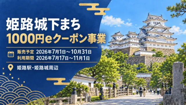 姫路城と城下の道を描いた記事用イメージ。姫路城下まち1000円eクーポン事業の販売予定期間・利用期間と対象エリアを表示。