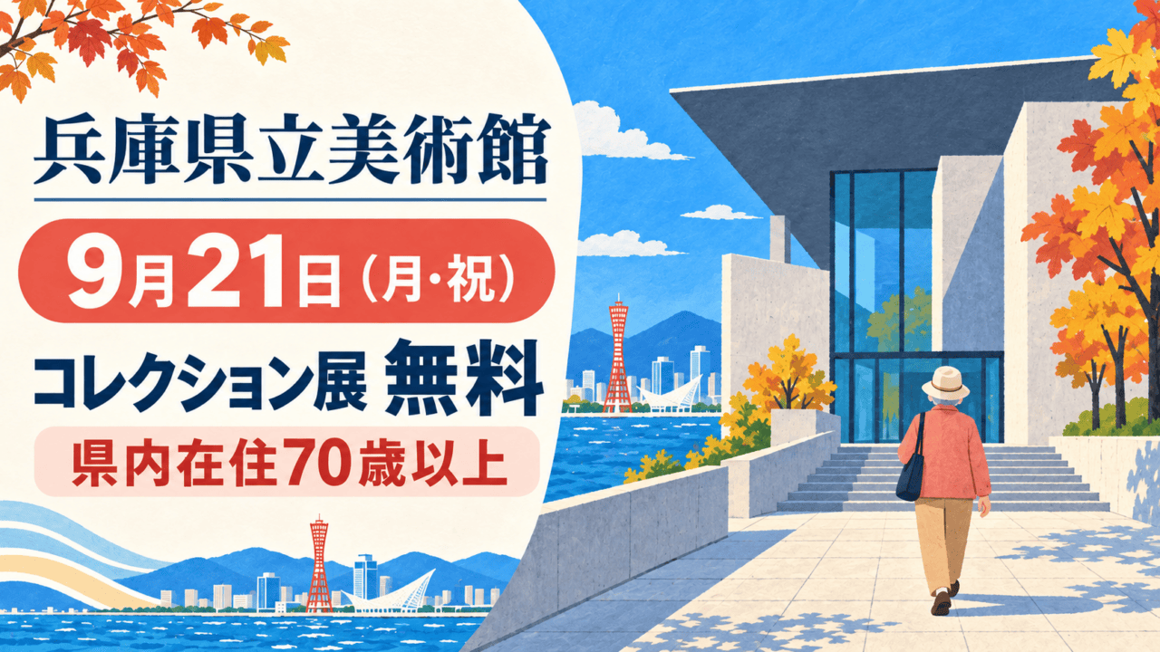 兵庫県立美術館の9月21日コレクション展無料日と県内在住70歳以上の対象条件を描いた案内イラスト