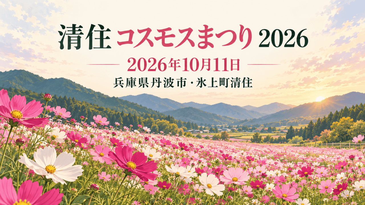 丹波の山並みとコスモス畑を描いた、清住コスモスまつりのイラスト。