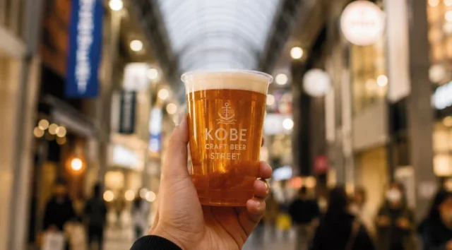 三宮センター街のアーケードを背景に、イベント名入りのビールグラスを手に持つ公式掲載画像