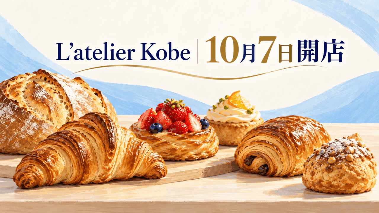 パンとペストリーを配したベーカリー開店案内のイラスト。L’atelier Kobeと10月7日開店を表示。実際の店舗写真ではありません。