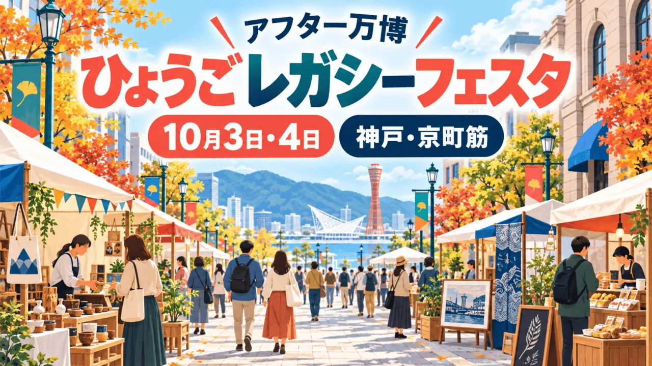 ひょうごレガシーフェスタの案内イラスト。10月3・4日に神戸・京町筋で開催。会場の実景ではない。
