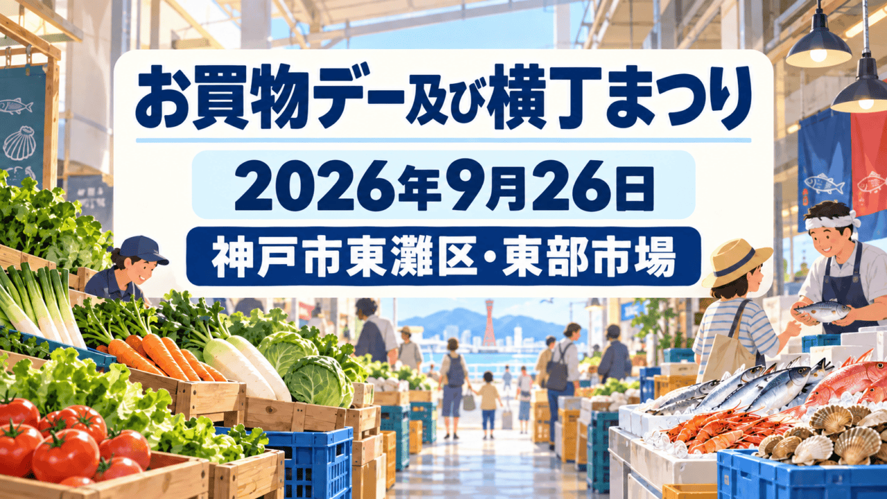 東部市場の建物と買物かごを描いた「お買物デー及び横丁まつり」の生成イラスト(神戸市東灘区・東部市場、2026年9月26日)