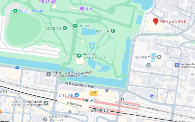 明石市立文化博物館と明石駅、周辺施設の位置を示す公式アクセス図