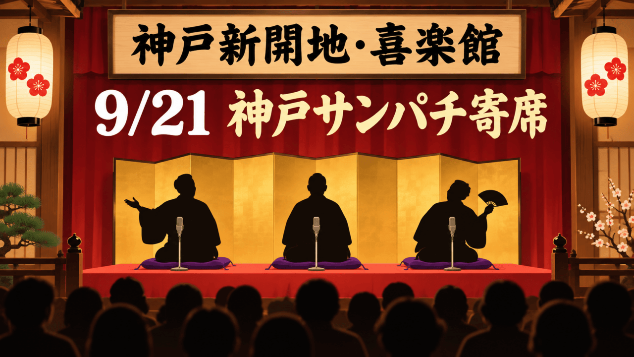 神戸新開地・喜楽館、9月21日神戸サンパチ寄席、寄席の舞台と3人の演者のシルエット