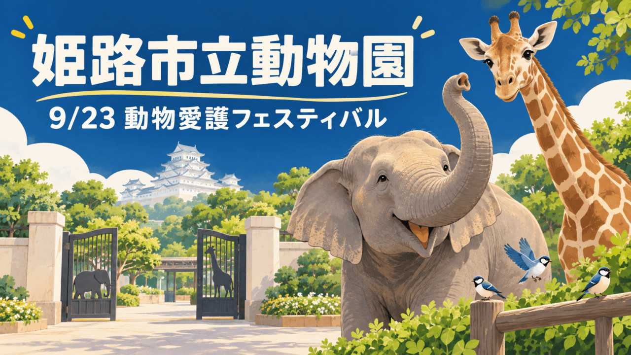 姫路市立動物園、9月23日動物愛護フェスティバル、動物たちと姫路城のイラスト