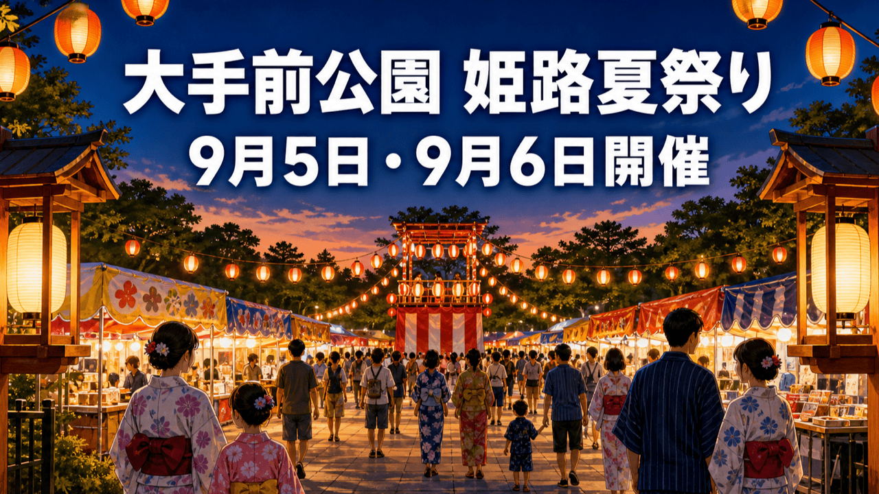 大手前公園の姫路夏祭りで屋台と提灯が並ぶ様子を表すHarimap制作イラスト