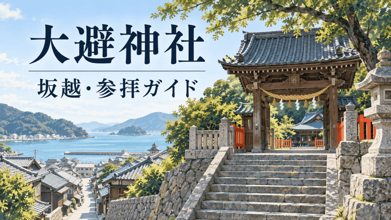 大避神社・坂越参拝ガイドのイラスト。石段と神門、港町を象徴的に描く