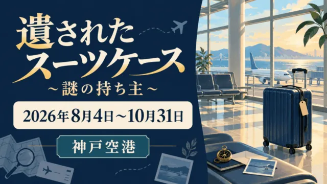 神戸空港の実景写真ではないデジタルイラスト。イベント名・開催期間・神戸空港を文字で示した謎解き案内。
