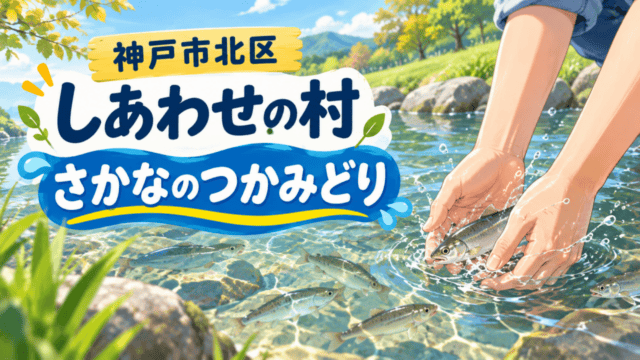 神戸市北区・しあわせの村の「さかなのつかみどり」を描いた生成イラスト