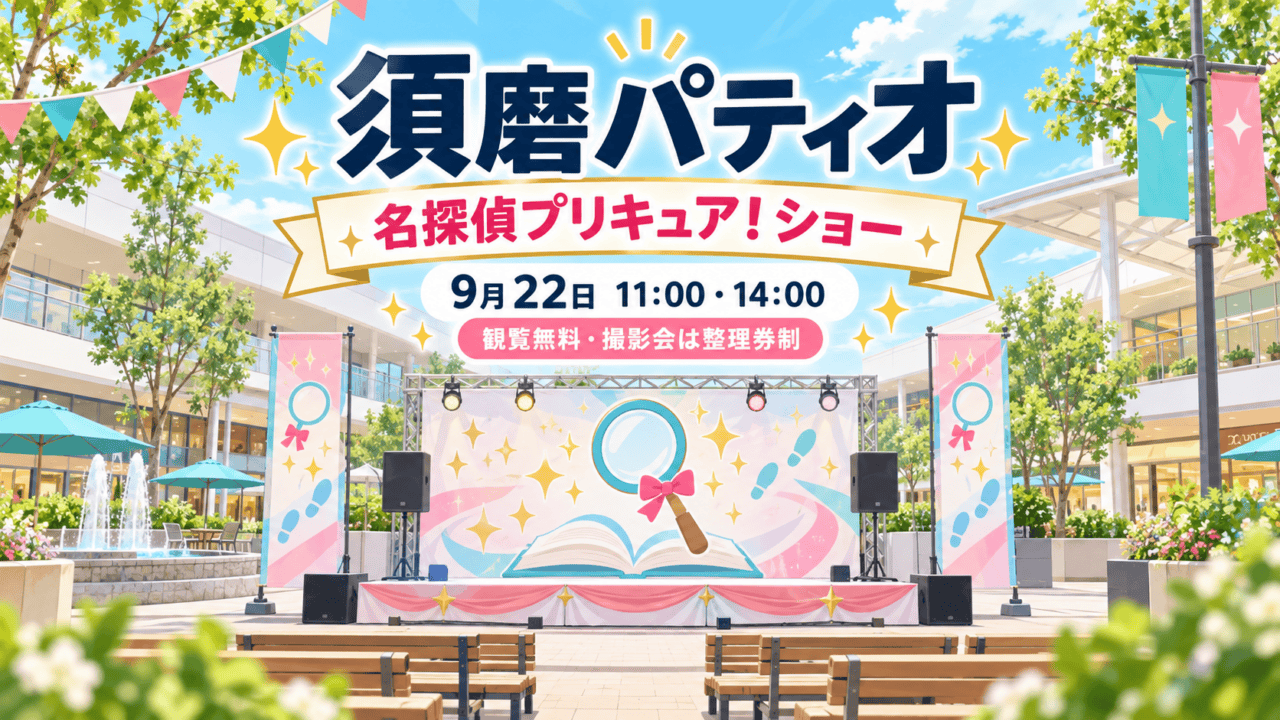 須磨パティオで9月22日11時・14時に開催される名探偵プリキュア！ショーの案内用イラスト。観覧無料、撮影会は整理券制。