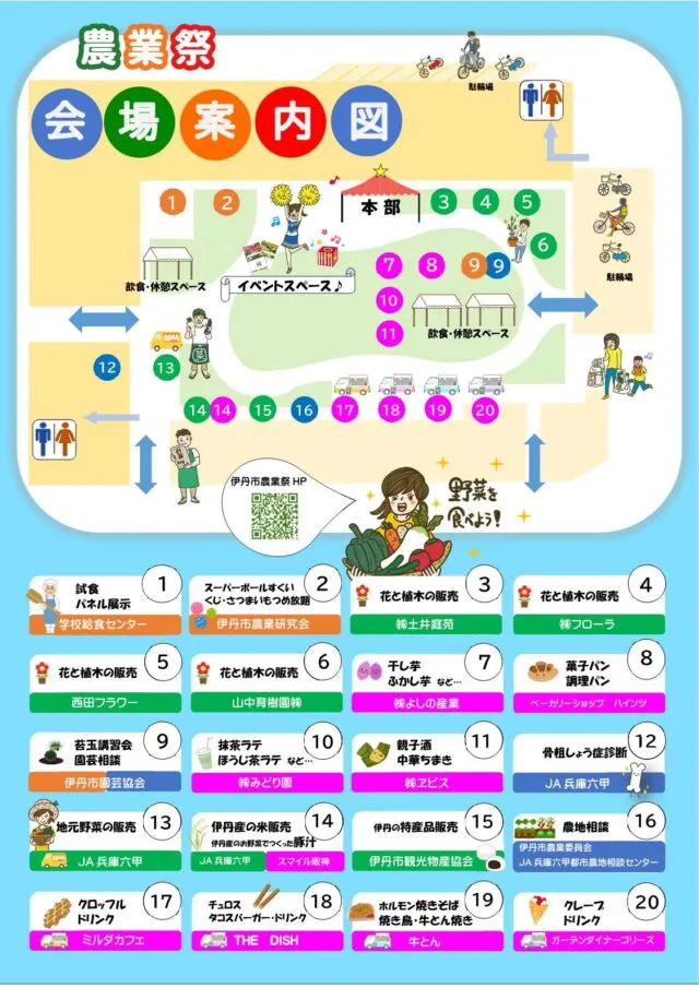 伊丹市農業祭2026の会場案内図。番号つきの出店コーナーが広場に並ぶ