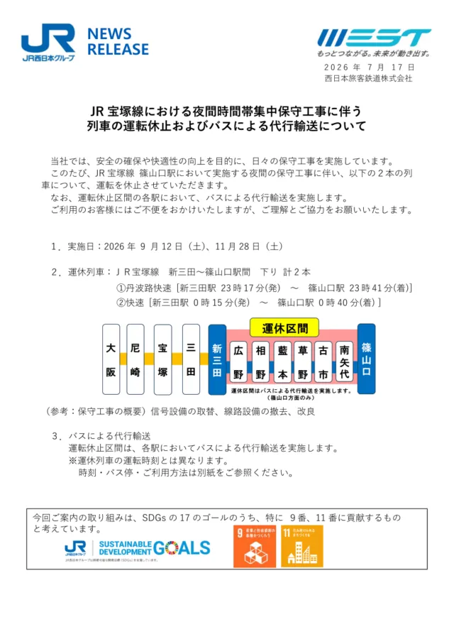 JR宝塚線の運転休止区間と代行バスを示すJR西日本のニュースリリース1ページ目