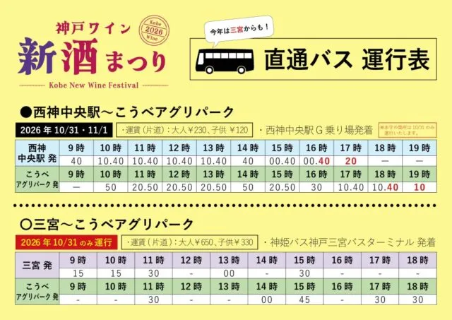 主催公式の新酒まつり直通バス運行表。三宮直通は10月31日だけ