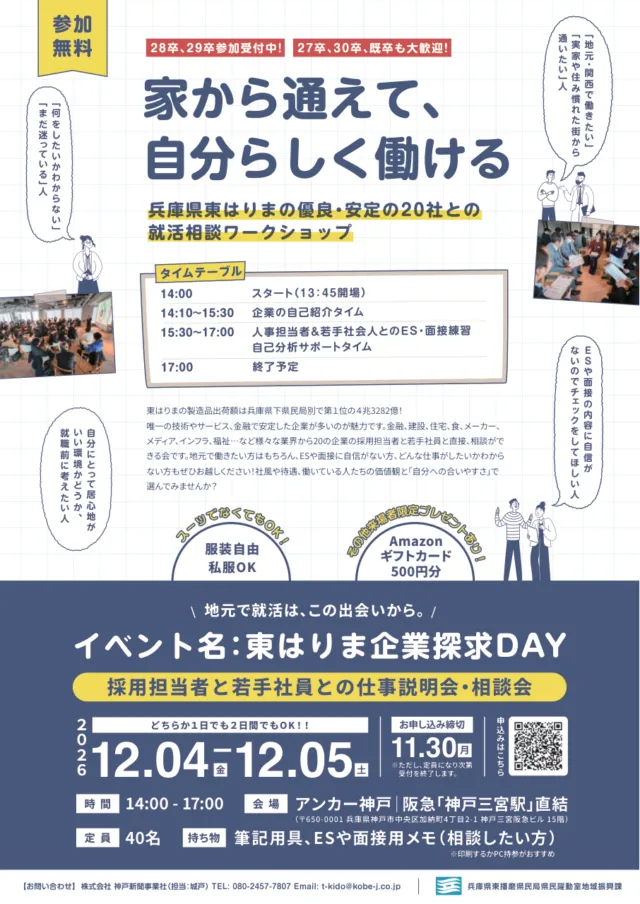 東はりま企業探求DAYのチラシ。12月4日（金）・5日（土）14〜17時、アンカー神戸、参加無料、申込11月30日（月）、定員40名