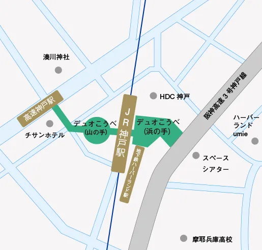 デュオこうべとJR神戸駅、高速神戸駅、ハーバーランド駅の位置関係を示す公式アクセス図