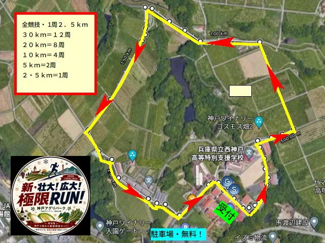 極限RUNの公式コース図。1周2.5kmの周回コースと駐車場の位置