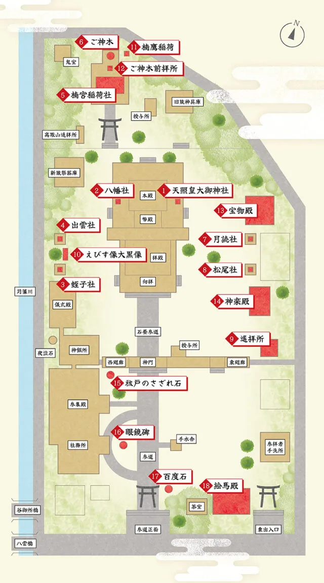 長田神社公式境内図。入口、拝殿、楠宮稲荷社、御神木の位置