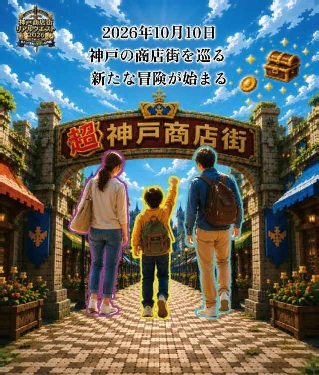 神戸商店街リアルクエスト2026のキービジュアル。商店街のアーチの前に立つ親子3人と、2026年10月10日 神戸の商店街を巡る新たな冒険が始まるの文字