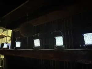 三木市の2025年開催報告に掲載された灯籠。暗い木の背景に白く明るい模様が並ぶ