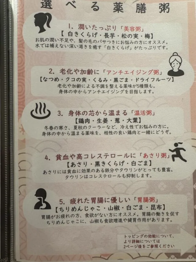 薬膳粥の種類と説明。効能の文章は店舗の当時の掲示として扱い、健康効果を断定しない。（2025年1月7日撮影）