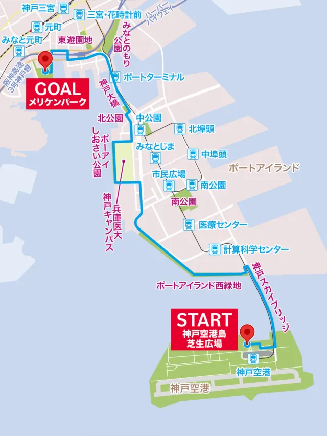 神戸スカイウォーク2026の公式コース図（スタート神戸空港島芝生広場からゴールのメリケンパークまで）