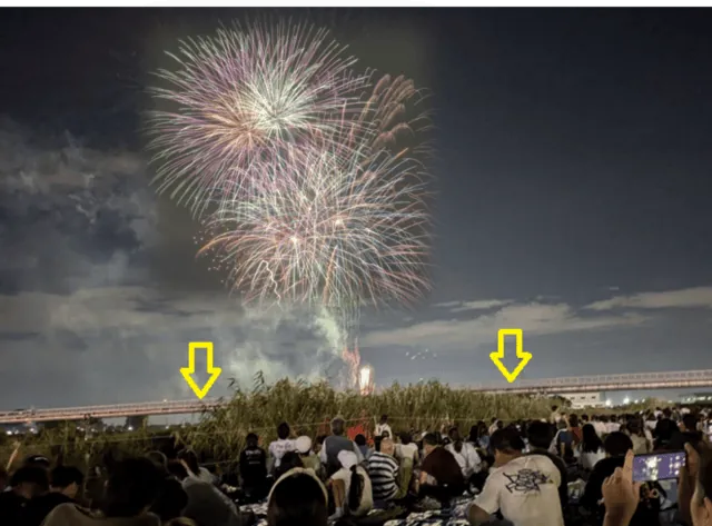伊丹市が案内するAエリアからの観覧例。花火の下部に水管橋や草が重なっている