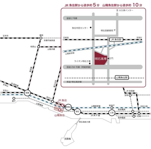 明石高専の公式アクセス図。JR魚住駅と山陽魚住駅、学校正門の位置